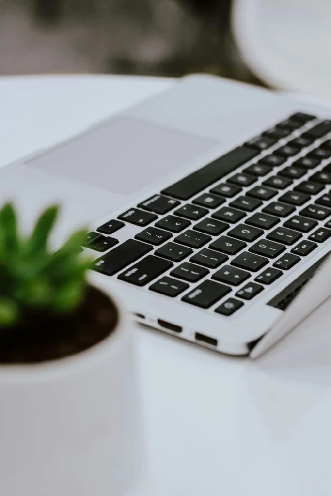 gestyleerde foto van een laptop keyboard met plantje op de voorgrond